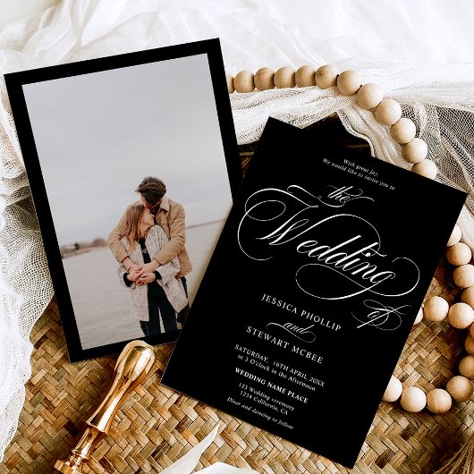 Invitation Mariage calligraphié chic blanc noir