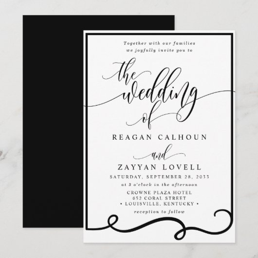 Invitation Mariage calligraphié chic noir et blanc (Devant / Derrière)