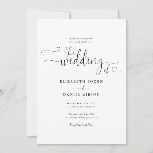 Invitation Mariage Calligraphié Cœurs Noir Et Blanc (Devant)