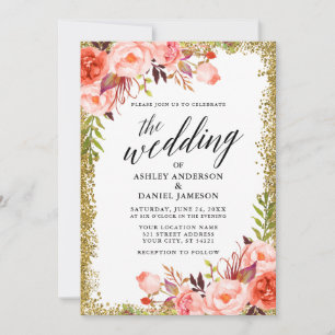 Invitation Mariage calligraphie Coral Floral Parties scintill