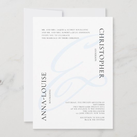 Invitation Mariage Calligraphié Élégant avec Ampersand Bleu F (Devant)