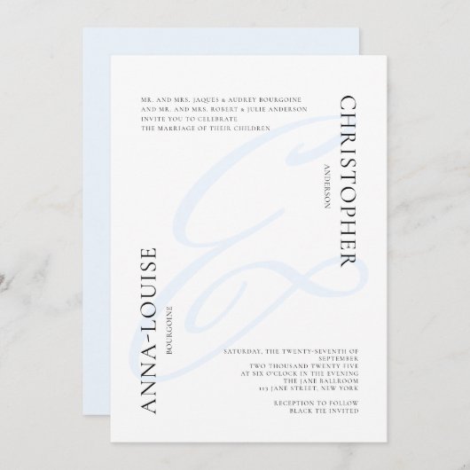 Invitation Mariage Calligraphié Élégant avec Ampersand Bleu F (Devant / Derrière)