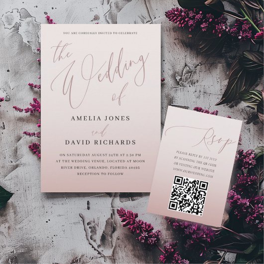 Invitation Mariage Calligraphié Moderne en Or Rose