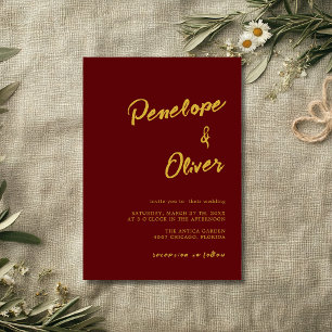 Invitation Mariage calligraphie moderne minimale or et Bourgo
