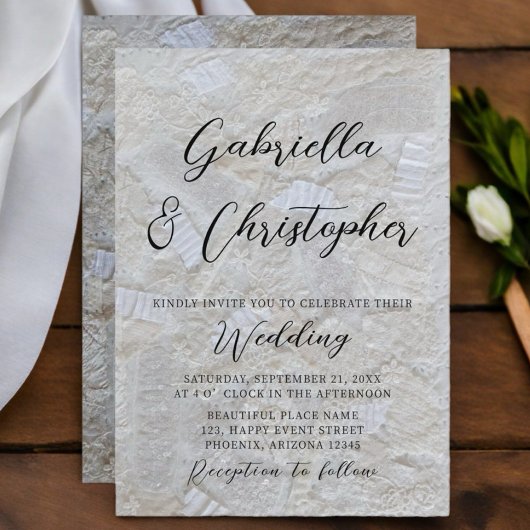 Invitation Mariage calligraphié noir motif crème blanche 