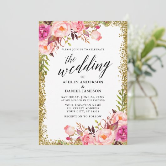 Invitation Mariage Calligraphie or Parties scintillant rose f (Debout devant)