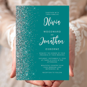 Invitation Mariage Calligraphie Paillettes Bleu Turquoise Arg
