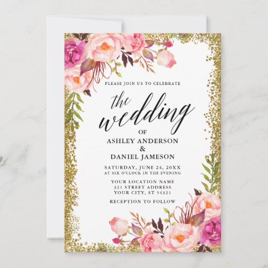 Invitation Mariage calligraphie rose Floral Parties scintilla (Devant)