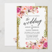 Invitation Mariage calligraphie rose Floral Parties scintilla (Devant / Derrière)