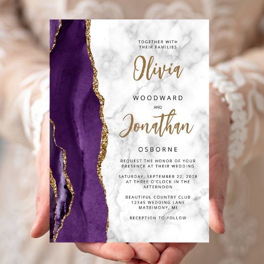 Invitation Mariage Calligraphié sur Marbre Agate Or Violet
