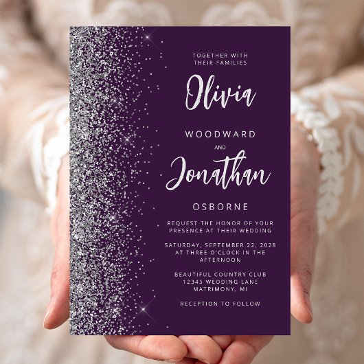 Invitation Mariage Calligraphie Violet Argent Pailleté