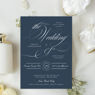 Invitation Mariage Calligraphique Élégant Bleu Nuit de Luxe