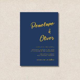 Invitation Mariage calligraphique moderne minimal or bleu mar