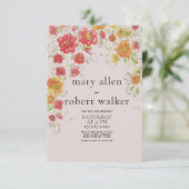 Invitation Mariage campagnard à fleurs rose rouge orange (Debout devant)