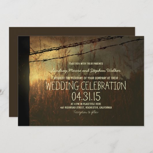 Invitation mariage campagnard avec clôture rurale (Devant / Derrière)