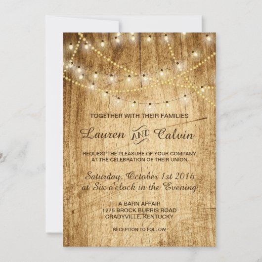 Invitation mariage campagnard avec lumières à cord (Devant)