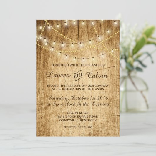 Invitation mariage campagnard avec lumières à cord (Debout devant)