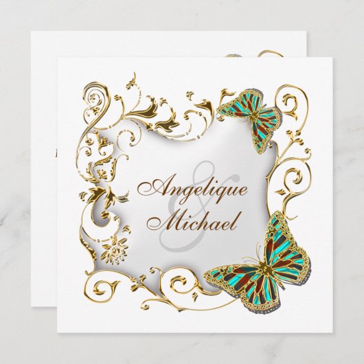 Invitation Mariage campagnard blanc d'or d'aqua (Devant / Derrière)