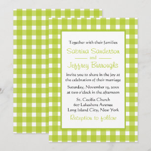 Invitation Mariage campagnard blanc vert En vichy chèques en