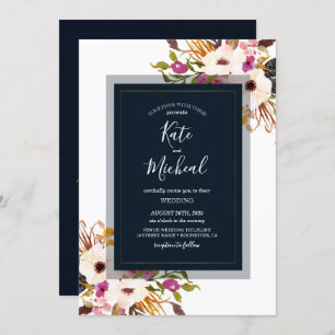 Invitation Mariage campagnard bleu bleu Bourgogne Gold Blush