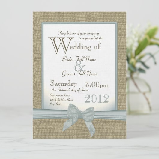 Invitation Mariage campagnard bleu Burlap et Bow (Debout devant)