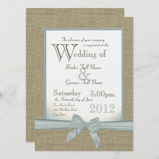 Invitation Mariage campagnard bleu Burlap et Bow (Devant / Derrière)