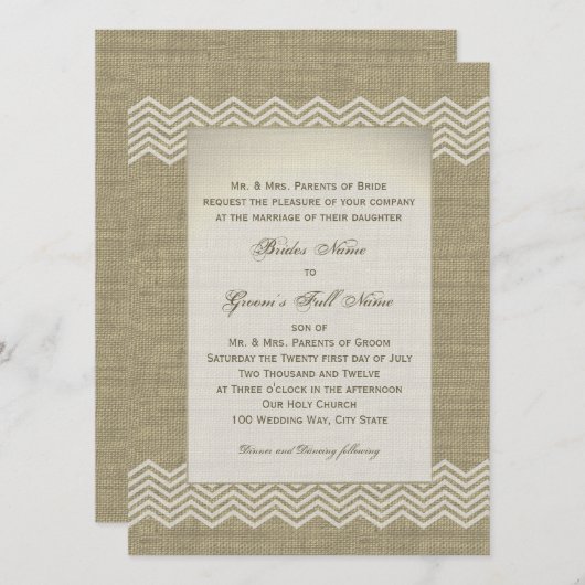 Invitation Mariage campagnard Burlap (Devant / Derrière)