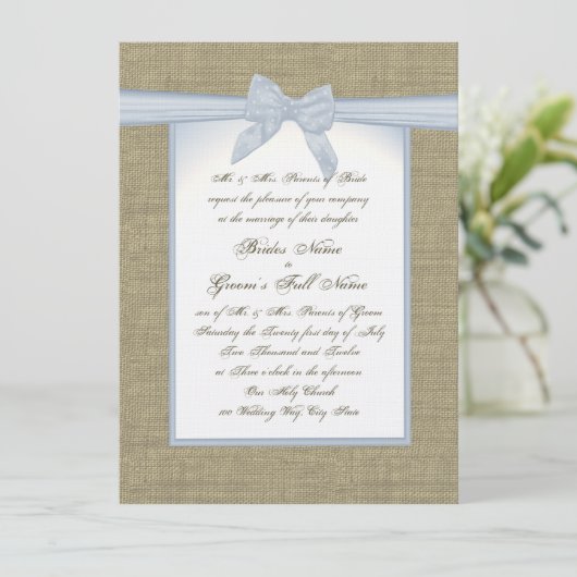 Invitation Mariage campagnard Burlap et Blue Bow (Debout devant)