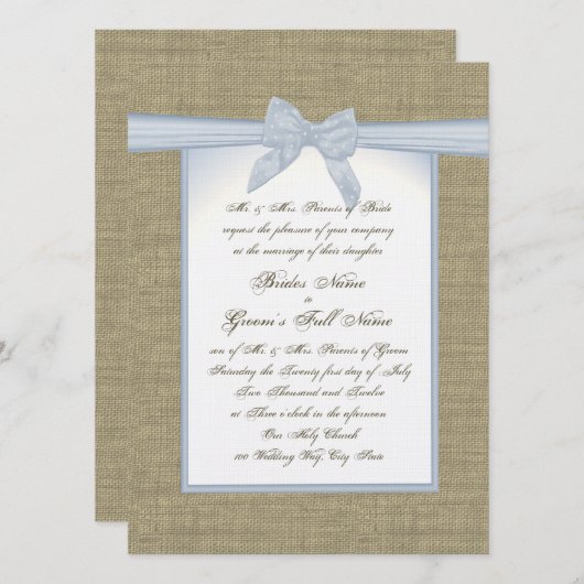 Invitation Mariage campagnard Burlap et Blue Bow (Devant / Derrière)