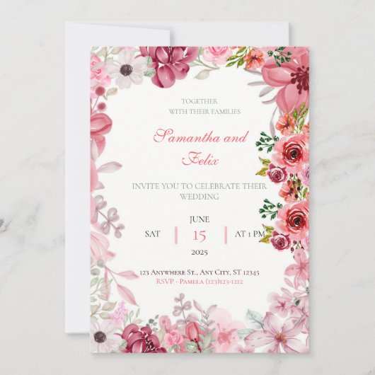Invitation Mariage campagnard d'aquarelle rose (Devant)