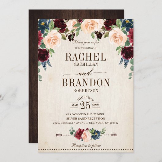 Invitation Mariage campagnard de Boho Rustique Floral de la m (Devant / Derrière)