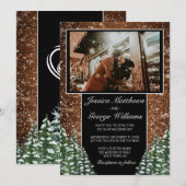 Invitation Mariage campagnard de bois et forêt de neige noire (Devant / Derrière)