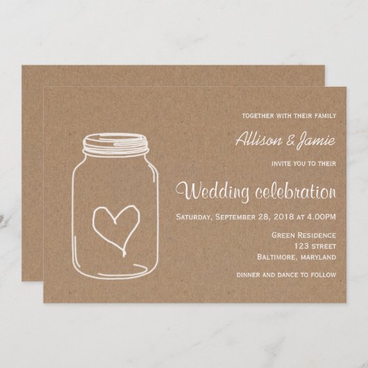 Invitation Mariage campagnard de coeur en papier kraft rustiq (Devant / Derrière)