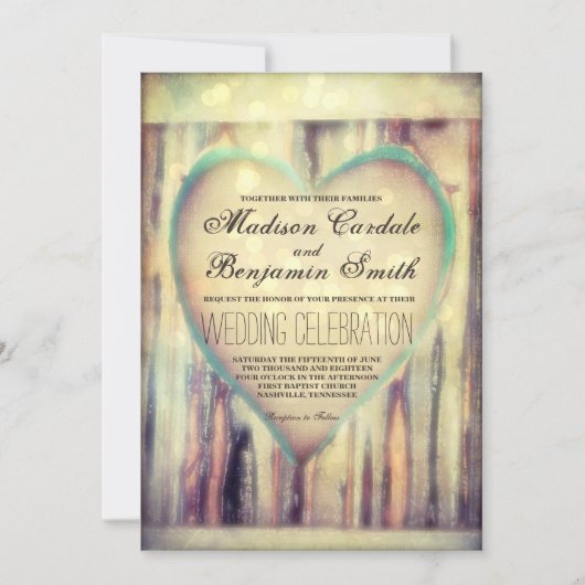 Invitation Mariage campagnard de coeur sculpté en bois rustiq (Devant)