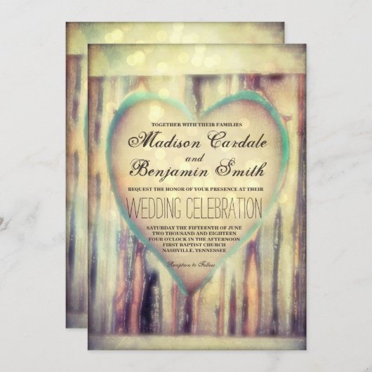 Invitation Mariage campagnard de coeur sculpté en bois rustiq (Devant / Derrière)