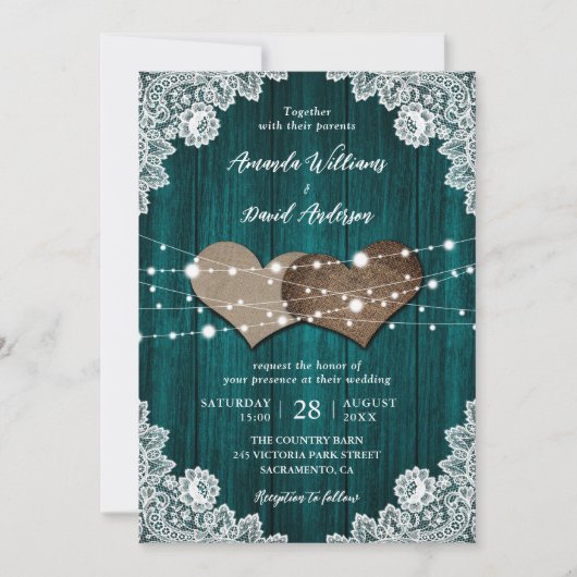 Invitation Mariage campagnard de dentelle fleurie turquoise e (Devant)