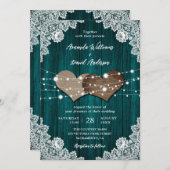 Invitation Mariage campagnard de dentelle fleurie turquoise e (Devant / Derrière)