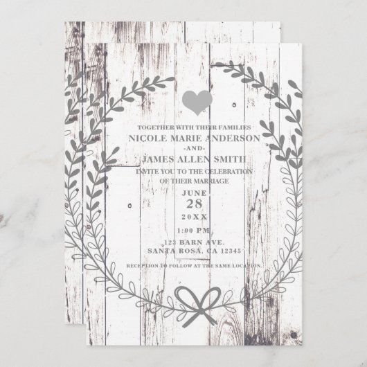 Invitation Mariage campagnard de ferme rustique en bois blanc (Devant / Derrière)