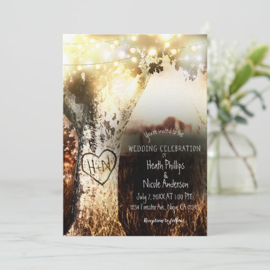 Invitation Mariage campagnard d'éclairage rustique de l'arbre (Debout devant)