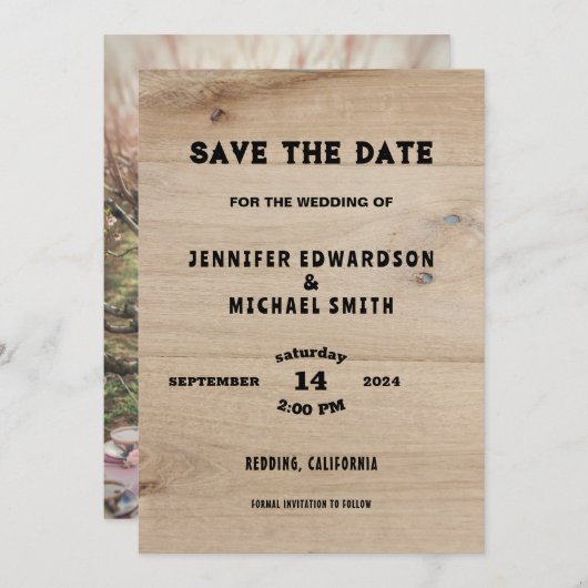 Invitation Mariage campagnard en bois rustique photo Enregist (Devant / Derrière)