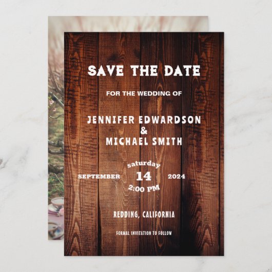 Invitation Mariage campagnard en bois rustique photo Enregist (Devant / Derrière)