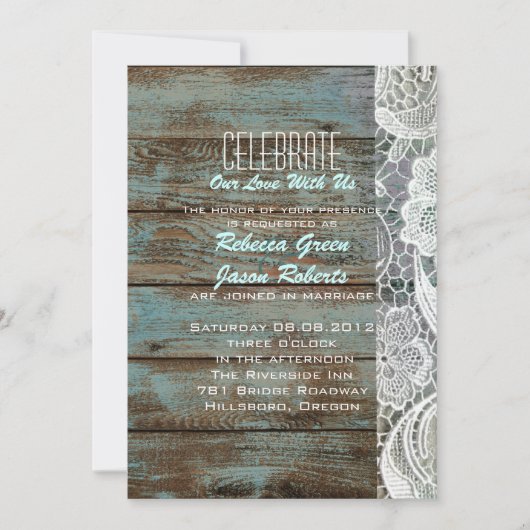 Invitation mariage campagnard en dentelle de grange bleu vint (Devant)