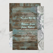 Invitation mariage campagnard en dentelle de grange bleu vint (Devant / Derrière)