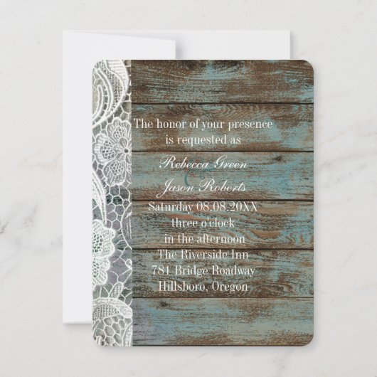 Invitation mariage campagnard en dentelle de grange bleu vint (Dos)