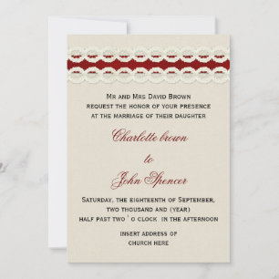 Invitation Mariage campagnard en dentelle rouge rustique