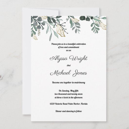 Invitation Mariage campagnard feuille d'or vert foncé botaniq (Devant)