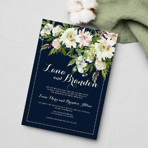 Invitation Mariage campagnard floral blanc bleu bleu marine