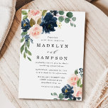 Invitation Mariage campagnard floral bleu marine et rose pâle<br><div class="desc">Le design présente de belles pivoines d'aquarelle,  rose,  eucalyptus,  verdure,  feuillage/feuilles dans les tons vert,  or,  rose/rose pâle et bleu marine. Ce modèle dispose également d'une disposition typographique moderne. Affichez la collection sur cette page pour rechercher les éléments correspondants dans cette conception.</div>