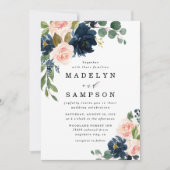 Invitation Mariage campagnard floral bleu marine et rose pâle (Devant)