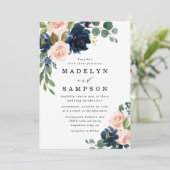 Invitation Mariage campagnard floral bleu marine et rose pâle (Debout devant)